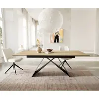 DELIFE Esstisch Edge 180-220x100 Keramik Laminam Sabbia Eichefarbig V-Gestell Flachstahl Schwarz ausziehbar