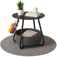 Coemo Couchtisch KOSI Schwarz aus Metall Ø 45 x 45 cm mit Aufbewahrungskorb Canvas, Beistelltisch rund mit Ablage - Wohnzimmertisch im Vintage Style, Sofatisch , Gartentisch mit Stoffkorb, zerlegt