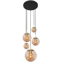 Etc-shop Hängeleuchte, 5-Flammig, Glaskugeln, amber, messing, H 375 cm