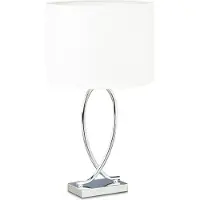 Relaxdays Tischlampe, Stoffschirm, verchromtes Gestell, Metall, HxBxT: 51 x 28 x 28 cm, Nachttischlampe, silber/weiß