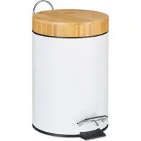 Relaxdays Mülleimer Bad, 3 l, Kosmetikeimer mit Absenkautomatik, Bambusdeckel, entnehmbarer Inneneimer, Treteimer, weiß