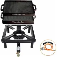 All'Grill Hockerkocher-Set (klein) mit Gusseisengrillplatte 32 x 32 cm inkl. Gasschlauch & Regler
