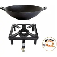 All'Grill Hockerkocher-Set (groß) mit Gusseisen-Wok Ø 37 cm inkl. Gasschlauch & Regler