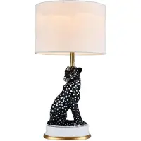 Casa Padrino Luxus Keramik Tischleuchte Puma Katze Schwarz / Weiß / Gold Ø 38 x H. 72 cm - Keramik Schreibtischleuchte mit rundem Lampenschirm - Luxus Keramik Leuchten