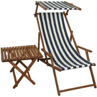 Erst-Holz Liegestuhl blau-weiß Gartenstuhl Tisch Sonnendach Deckchair Buche Strandstuhl klappbar 10-317ST