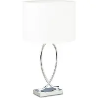 Relaxdays Tischlampe, Stoffschirm, verchromtes Gestell, Metall, HxBxT: 51 x 28 x 28 cm, Nachttischlampe, silber/weiß