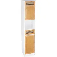 Relaxdays Badschrank, 2 Türen, 1 Schublade, Hochschrank, HxBxT: ca. 180 x 39 x 30 cm, Holz und Bambus, weiß-braun