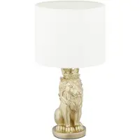 Relaxdays Tischlampe Löwe, Tischleuchte mit Stoffschirm, E27, prunkvolle Nachttischlampe, H x D: 47,5 x 25 cm, weiß/gold