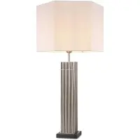 Casa Padrino Luxus Tischleuchte Silber / Schwarz / Weiß 46 x 46 x H. 87 cm - Moderne Schreibtischleuchte mit sechseckigem Lampenschirm - Luxus Qualität