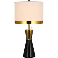 Casa Padrino Luxus Keramik Tischleuchte Schwarz / Gold / Weiß Ø 30 x H. 60 cm - Runde Keramik Schreibtischleuchte mit Lampenschirm - Luxus Keramik Leuchten