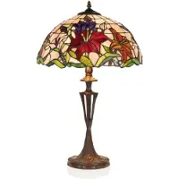 Casa Padrino Luxus Tiffany Tischleuchte Mehrfarbig / Braun Ø 40 x H. 60 cm - Runde Tiffany Schreibtischleuchte - Luxus Interior - Luxus Leuchten - Tiffany Leuchten