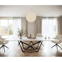 DELIFE Esstisch Edge 300x100cm Keramik LaminamStatuarietto Weiß Mittelfuß Flachstahl Schwarz