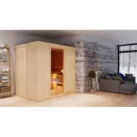 Karibu Sauna Innensauna Bodin Fronteinstieg ohne Zubehör 210x165x202 cm mit Dachkranz mit Bronzierte Tür