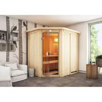 Karibu Sauna Innensauna Carin Eckeinstieg Ofen 9 kW integr. Strg 210x165x202 cm mit Dachkranz mit Bronzierte Tür
