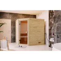 Karibu Sauna Innensauna Mia Eckeinstieg Ofen 9 kW externe Strg easy 196x169x198 cm ohne Dachkranz mit Bronzierter Tür