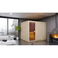 Karibu Sauna Innensauna Gobin Fronteinstieg ohne Zubehör 245x210x202 cm mit Dachkranz mit Bronzierte Tür