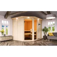 Karibu Sauna Innensauna Fiona 3 Eckeinstieg Ofen 9 kW externe Strg easy 245x210x202 cm mit Dachkranz