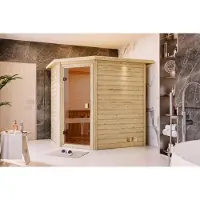 Karibu Sauna Innensauna Mia Eckeinstieg ohne Zubehör 224x184x202 cm mit Dachkranz mit Bronzierter Tür