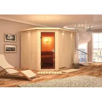 Karibu Sauna Innensauna Malin Eckeinstieg Ofen 9 kW integr. Strg 245x210x202 cm mit Dachkranz mit Bronzierte Tür