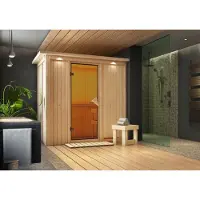 Karibu Sauna Innensauna Variado Fronteinstieg Ofen 9 KW externe Strg easy 196x118x198 cm ohne Dachkranz mit Bronzierte Tür