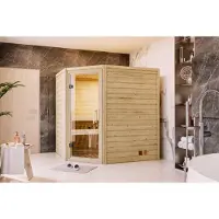 Karibu Sauna Innensauna Mia Eckeinstieg Ofen 9 kW externe Strg easy 224x184x202 cm mit Dachkranz mit Klarglastür