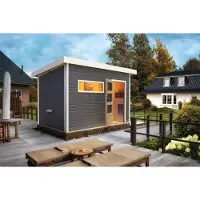 Karibu Saunahaus Außensauna Gartensauna Skrollan 2 terragrau lackiert ohne Zubehör 38mm Massivholz 336x231x227 cm mit Moderne Tür