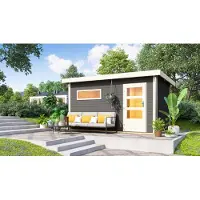 Karibu Saunahaus Außensauna Gartensauna Skrollan 3 terragrau lackiert Ofen 9 kW externe Strg easy 38mm Massivholz 396x231x227 cm mit Moderne Tür