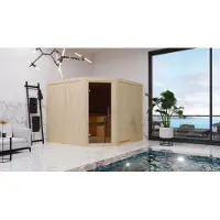 Karibu Sauna Innensauna Malin Eckeinstieg Ofen 9 KW externe Strg easy 231x196x198 cm ohne Dachkranz mit Graphittür