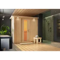 Karibu Sauna Innensauna Variado Fronteinstieg Ofen 9 kW externe Strg easy 210x132x202 cm mit Dachkranz mit Energiespartür