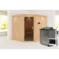 Karibu Sauna Innensauna Malin Eckeinstieg Ofen 9 kW externe Strg easy 245x210x202 cm mit Dachkranz mit Graphittür