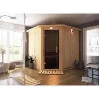 Karibu Sauna Innensauna Jarin Eckeinstieg Ofen 9 kW integr. Strg 196x196x198 cm ohne Dachkranz mit Graphittür
