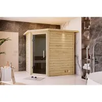 Karibu Sauna Innensauna Mia Eckeinstieg Ofen 9 kW integr. Strg 224x184x202 cm mit Dachkranz mit Graphittür