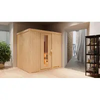 Karibu Sauna Innensauna Sodin Fronteinstieg ohne Zubehör 210x184x202 cm mit Dachkranz mit Energiespartür
