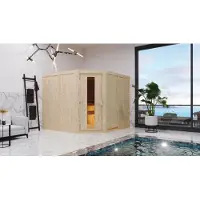 Karibu Sauna Innensauna Malin Eckeinstieg Ofen 9 KW externe Strg easy 231x196x198 cm ohne Dachkranz mit Energiespartür