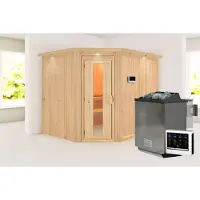 Karibu Sauna Innensauna Malin Eckeinstieg Ofen 9 kW externe Strg easy 245x210x202 cm mit Dachkranz mit Energiespartür