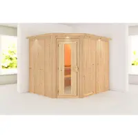 Karibu Sauna Innensauna Malin Eckeinstieg ohne Zubehör 245x210x202 cm mit Dachkranz mit Energiespartür