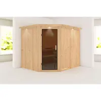 Karibu Sauna Innensauna Malin Eckeinstieg ohne Zubehör 245x210x202 cm mit Dachkranz mit Graphittür