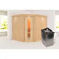 Karibu Sauna Innensauna Malin Eckeinstieg Ofen 9 kW integr. Strg 245x210x202 cm mit Dachkranz mit Energiespartür