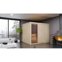 Karibu Sauna Innensauna Gobin Fronteinstieg Ofen 9 kW integr. Strg 231x196x198 cm ohne Dachkranz mit Klarglastür