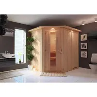 Karibu Sauna Innensauna Siirin Eckeinstieg ohne Zubehör 210x184x202 cm mit Dachkranz mit Energiespartür