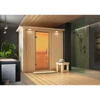 Karibu Sauna Innensauna Variado Fronteinstieg Ofen 9 kW externe Strg easy 196x118x198 cm ohne Dachkranz mit Klarglastür