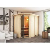 Karibu Sauna Innensauna Carin Eckeinstieg ohne Zubehör 210x165x202 cm mit Dachkranz mit Graphittür