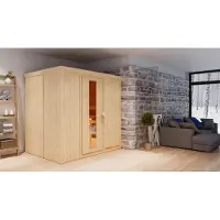 Karibu Sauna Innensauna Bodin Fronteinstieg ohne Zubehör 210x165x202 cm mit Dachkranz mit Energiespartür