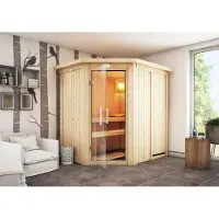 Karibu Sauna Innensauna Carin Eckeinstieg ohne Zubehör 196x151x198 cm ohne Dachkranz mit Klarglastür