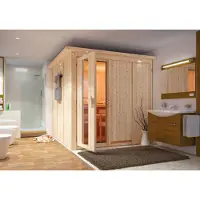 Karibu Sauna Innensauna Rodin Fronteinstieg Ofen 9 kW integr. Strg 196x196x198 cm ohne Dachkranz mit Energiespartür