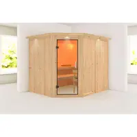 Karibu Sauna Malin : mit Licht-Dachkranz : ohne Ofen : Klare Ganzglastür Licht-Dachkranz: mit Licht-Dachkranz Saunaofen: ohne Ofen Saunatür: Klare Ganzglastür