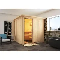 Karibu Sauna Innensauna Rodin Fronteinstieg Ofen 9 kW integr. Strg 210x210x202 cm mit Dachkranz mit Klarglastür