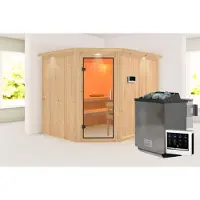 Karibu Sauna Innensauna Malin Eckeinstieg Ofen 9 kW externe Strg easy 245x210x202 cm mit Dachkranz mit Klarglastür