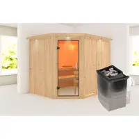 Karibu Sauna Innensauna Malin Eckeinstieg Ofen 9 kW integr. Strg 245x210x202 cm mit Dachkranz mit Klarglastür