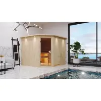 Karibu Sauna Innensauna Malin Eckeinstieg Ofen 9 KW externe Strg easy 245x210x202 cm mit Dachkranz mit Energiespartür